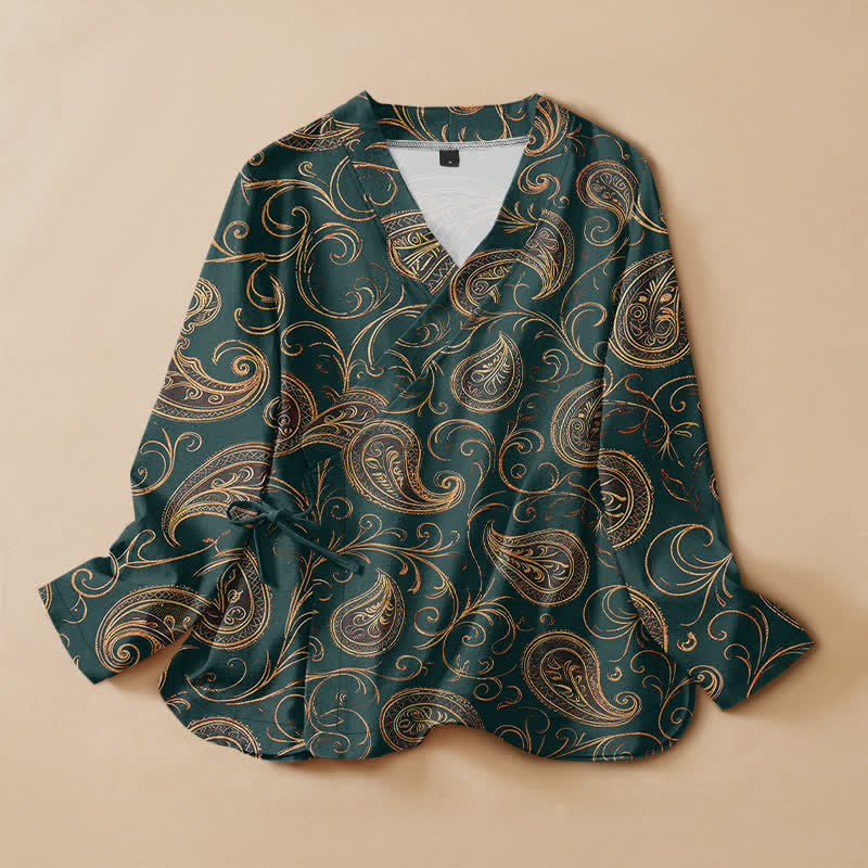 Buddha Stones コットン製ヴィンテージペイズリー柄プリント漢服風ラップVネックレースアップレディース長袖シャツ着物 - ティール - US16、 UK/AU20、 EU48 (3XL) - image 0