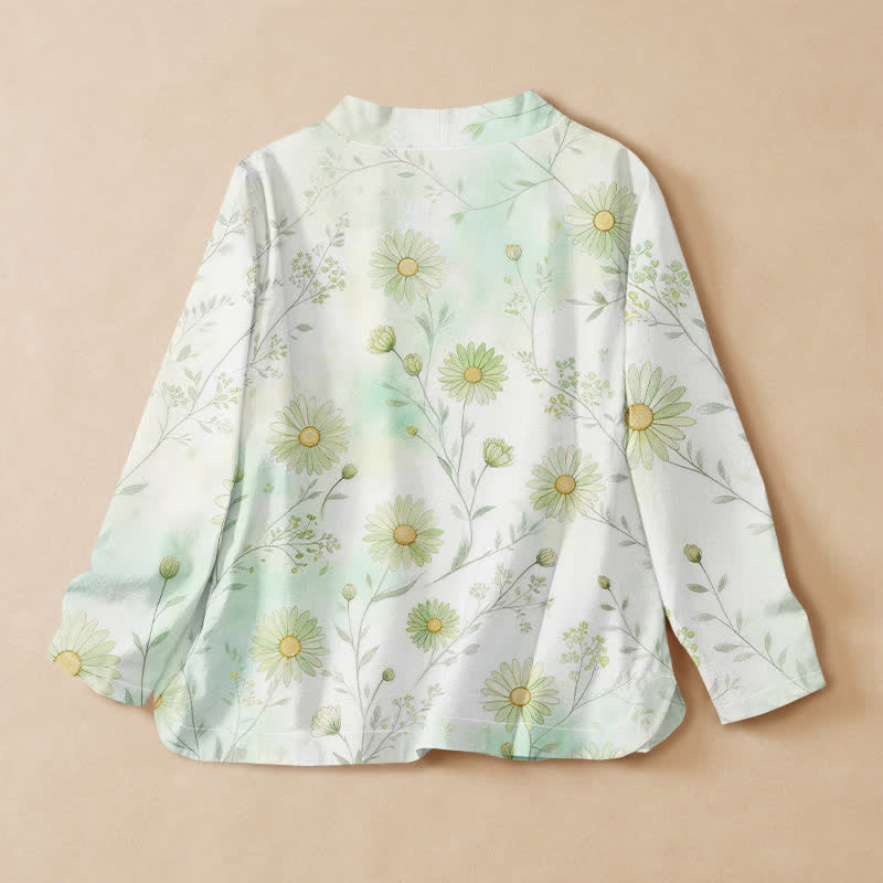 Buddha Stones 綿素材のデイジー柄プリント漢服風ラップVネックレースアップレディース長袖シャツ着物 - image 1