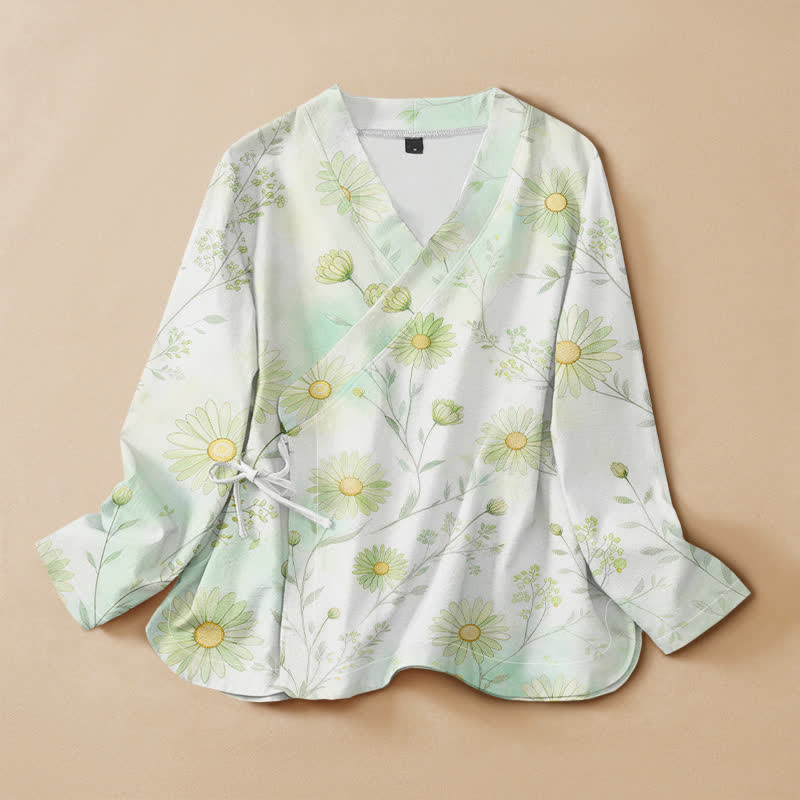 Buddha Stones 綿素材のデイジー柄プリント漢服風ラップVネックレースアップレディース長袖シャツ着物 - 甘露 - US16、 UK/AU20、 EU48 (3XL) - image 0