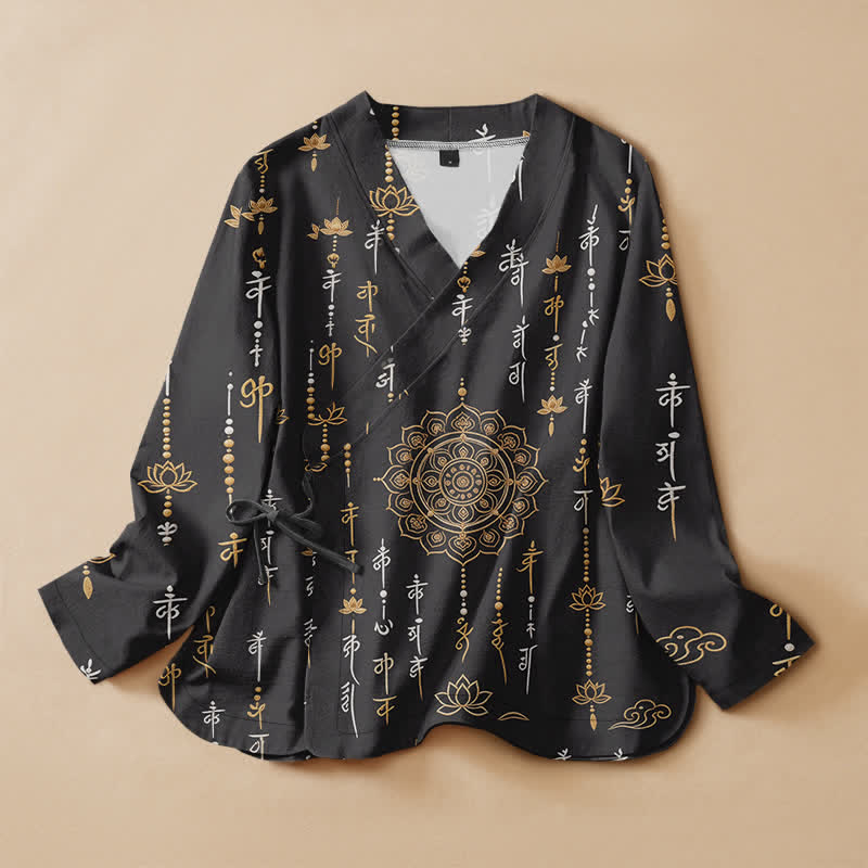 Buddha Stones 綿素材の神聖な蓮の曼荼羅プリント漢服風ラップVネックレースアップレディース長袖シャツ着物 - 黒 - US16、 UK/AU20、 EU48 (3XL) - image 0