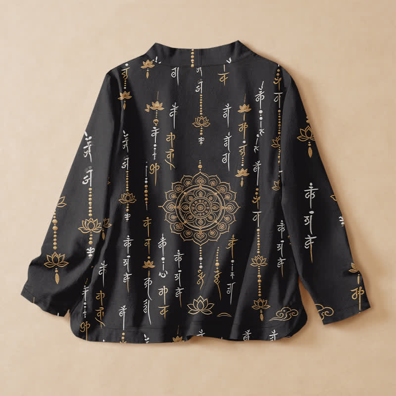 Buddha Stones 綿素材の神聖な蓮の曼荼羅プリント漢服風ラップVネックレースアップレディース長袖シャツ着物 - image 1
