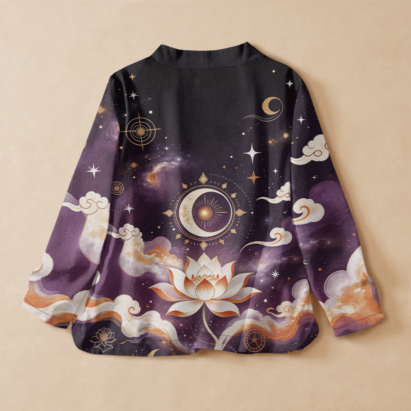 Buddha Stones 綿素材の天体蓮月プリント漢服風ラップVネックレースアップレディース長袖シャツ着物 - image 1