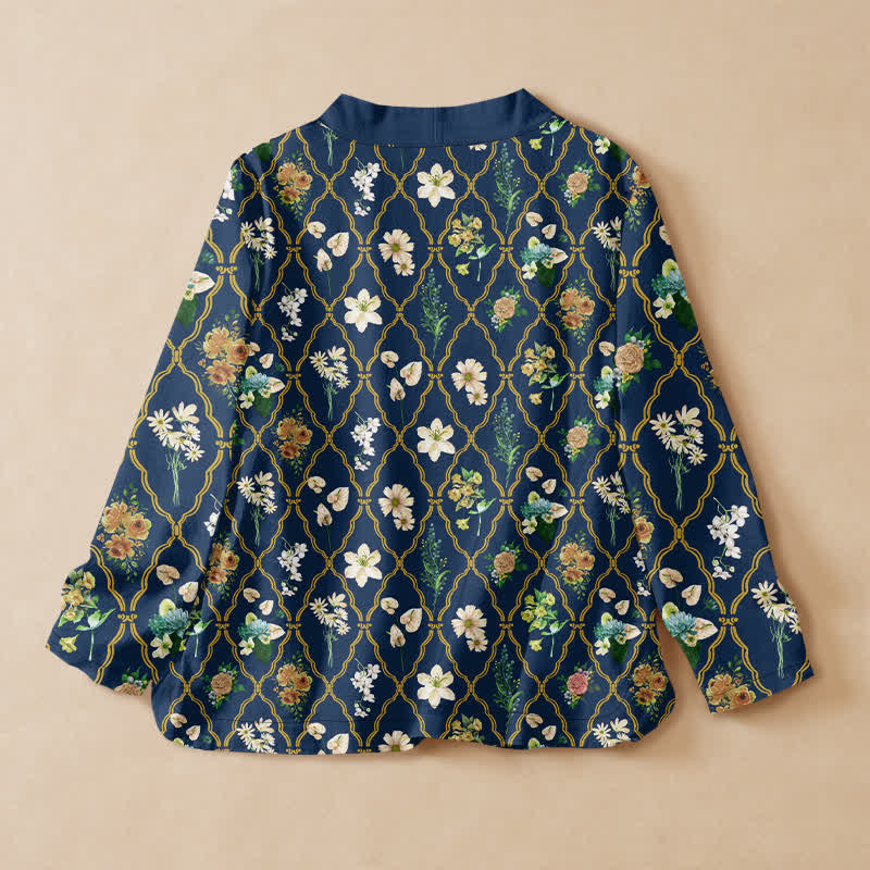 Buddha Stones コットン製ヴィンテージフローラルつるプリント漢服風ラップVネックレースアップレディース長袖シャツ着物 - image 1