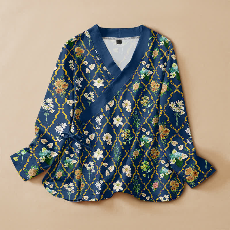 Buddha Stones コットン製ヴィンテージフローラルつるプリント漢服風ラップVネックレースアップレディース長袖シャツ着物 - 海軍 - US16、 UK/AU20、 EU48 (3XL) - image 0