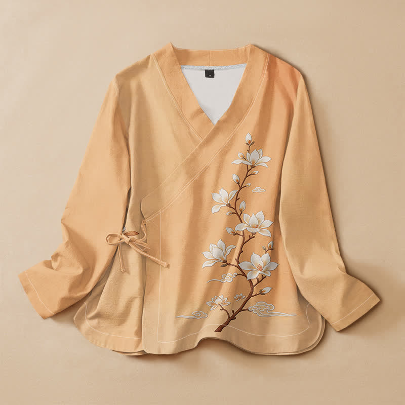 Buddha Stones 綿素材、マグノリアの花の枝柄プリント、漢服風ラップVネックレースアップレディース長袖シャツ着物 - ナバホ族白人 - US16、 UK/AU20、 EU48 (3XL) - image 0