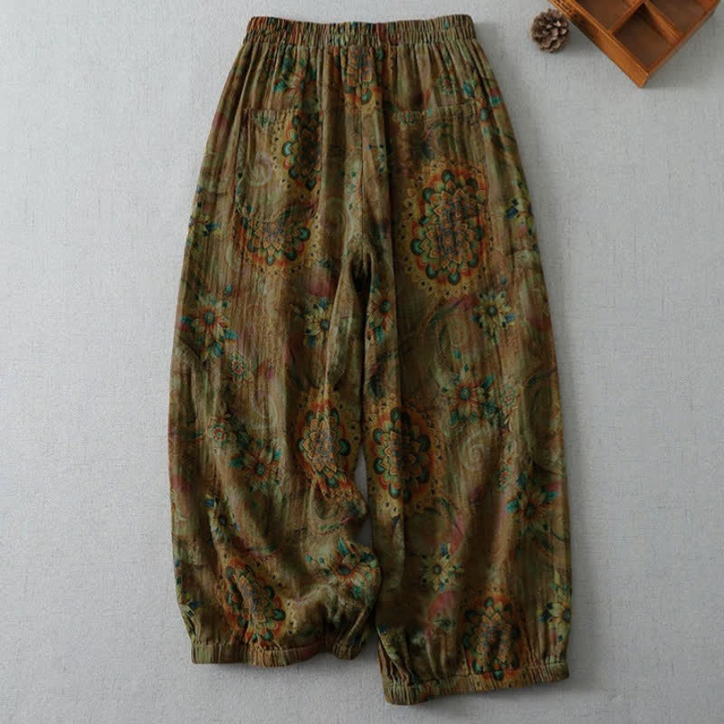 Buddha Stones 春夏ヴィンテージボヘミアン花柄クロップドパンツ レディースハーレムパンツ ポケット付き - image 1