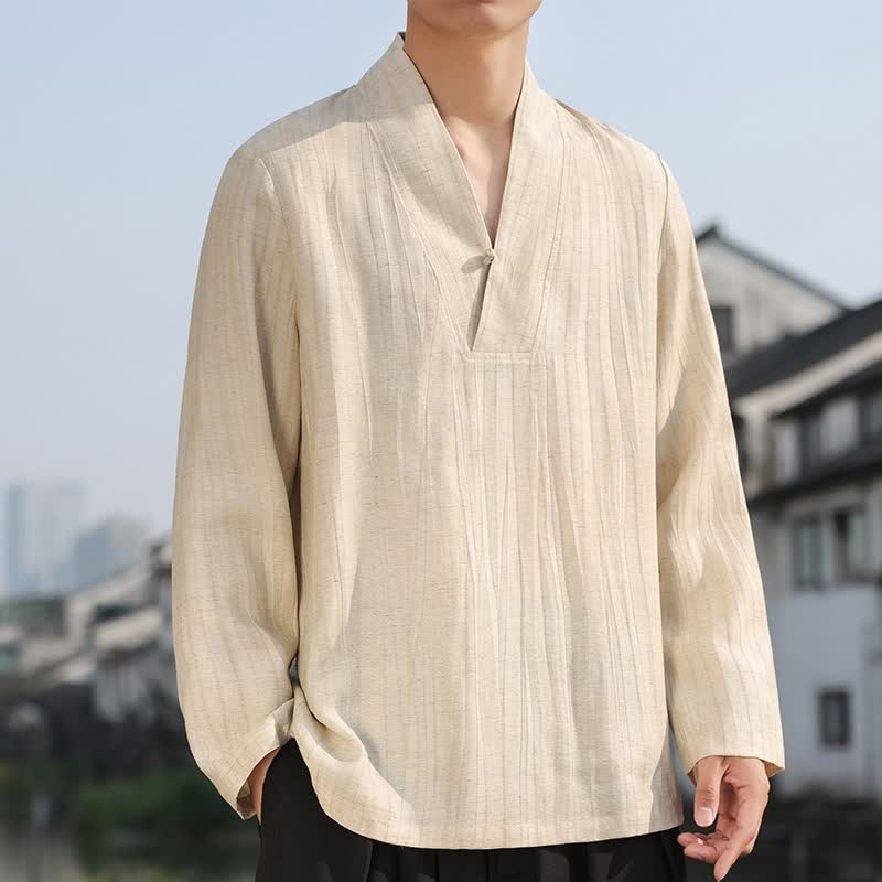 Buddha Stones 春秋カジュアルタンスタイルVネック無地メンズ長袖シャツ - 小麦 - US/UK/AU46, EU56 （5XL） - image 0