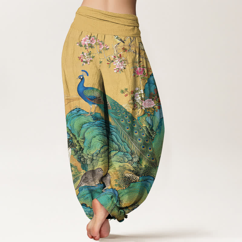 Buddha Stones 綿素材の孔雀と花柄のレディース用ゴムウエストハーレムパンツ - image 1