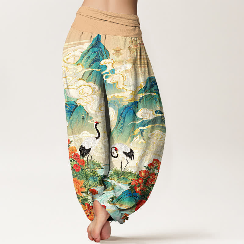 Buddha Stones コットン製、鶴と小川の花柄、ウエストゴム入りレディースハーレムパンツ - image 1