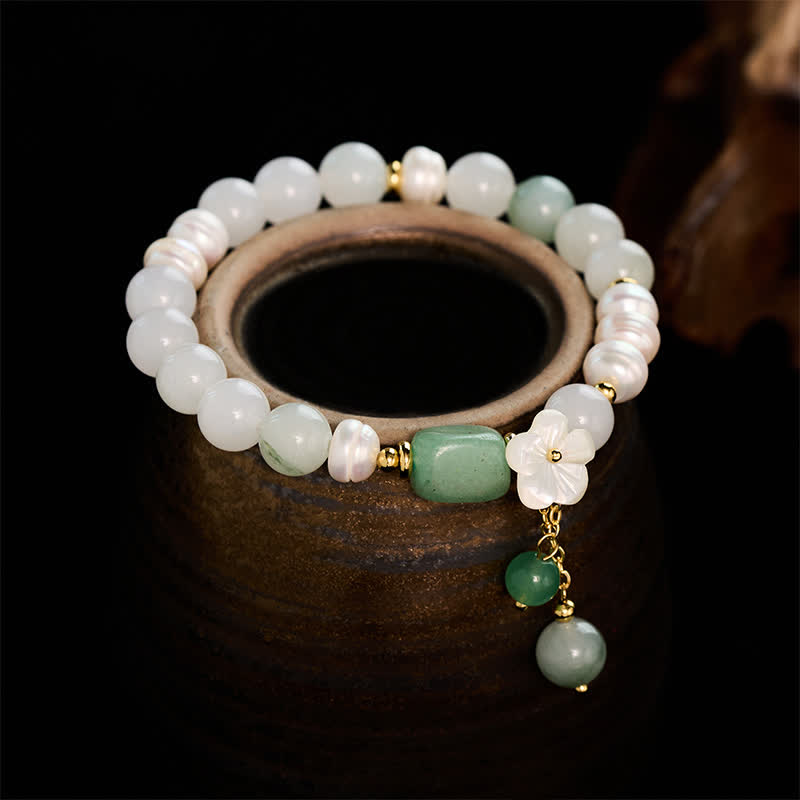 Buddha Stones 淡水パール、グリーンアゲートフラワーチャーム、ピュリティエラスティックブレスレット - パール（癒し♥知恵） - image 0