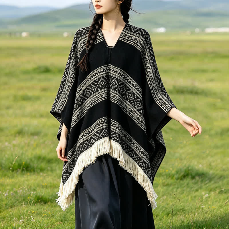 Buddha Stones 秋冬 ボヘミアン 幾何学模様 ストライプ タッセル レディース ショール - 黒 - 150*136 - image 0