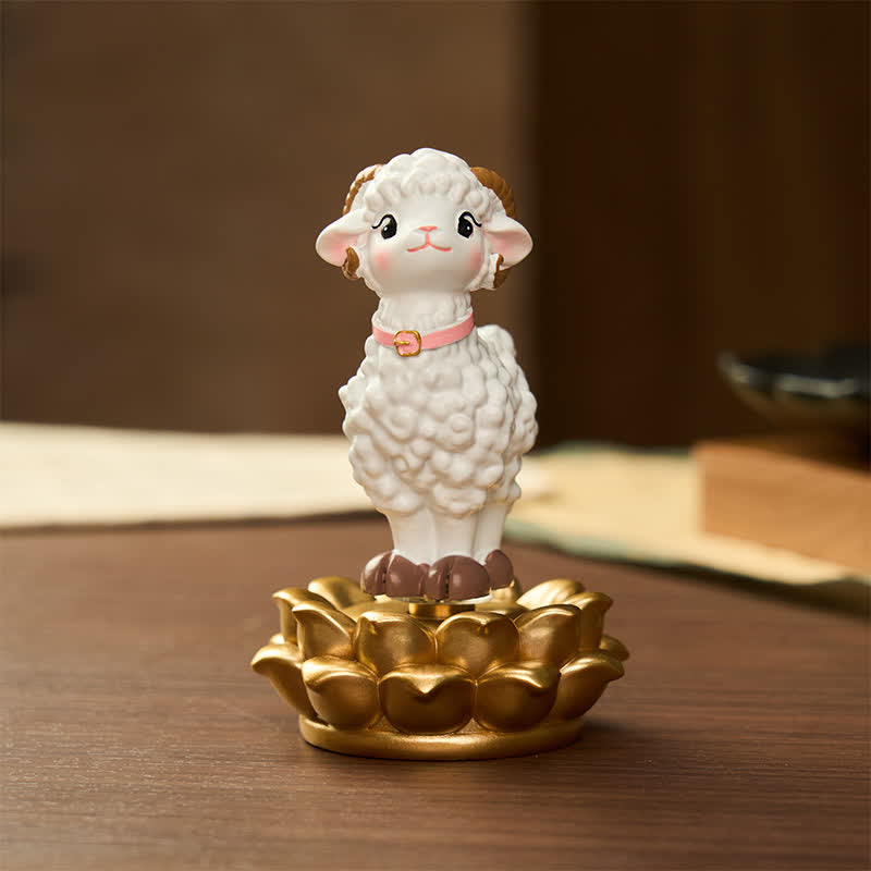 Buddha Stones 樹脂製ラッキーな漫画の羊の雲の台座付き回転式かわいい動物装飾 - image 1