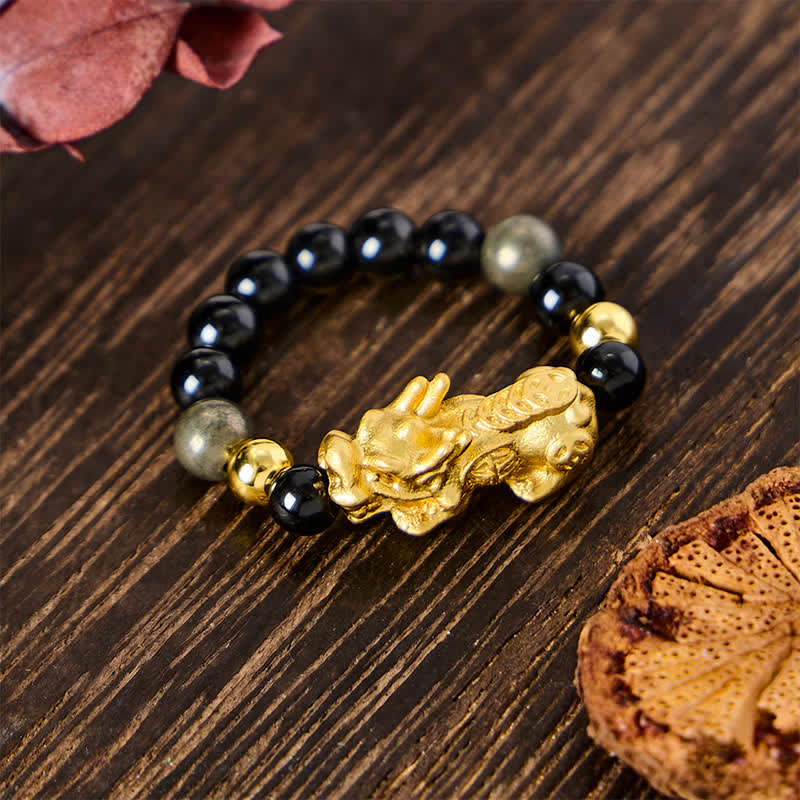 Buddha Stones 黒曜石、黄鉄鉱、赤鉄鉱、銅、貔貅（ひきゅう）ミニストレッチビーズリング　富とエネルギーのための - 黒曜石＋黄鉄鉱 - Lサイズ：USサイズ8～10に適合 - image 0