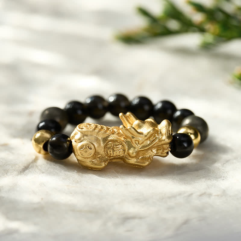 Buddha Stones 黒曜石、黄鉄鉱、赤鉄鉱、銅、貔貅（ひきゅう）ミニストレッチビーズリング　富とエネルギーのための - image 1