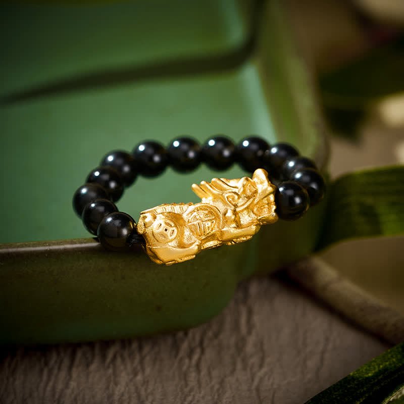 Buddha Stones 黒曜石銅貔貅ミニストレッチビーズリング（強さとエネルギーのための） - Lサイズ：USサイズ8～10に適合 - image 0