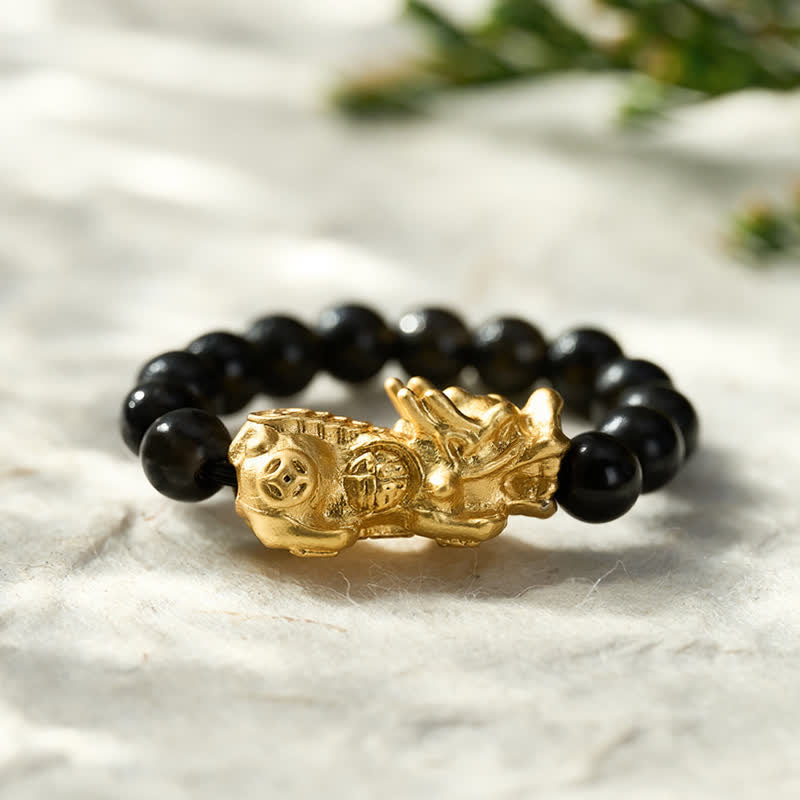 Buddha Stones 黒曜石銅貔貅ミニストレッチビーズリング（強さとエネルギーのための） - image 1