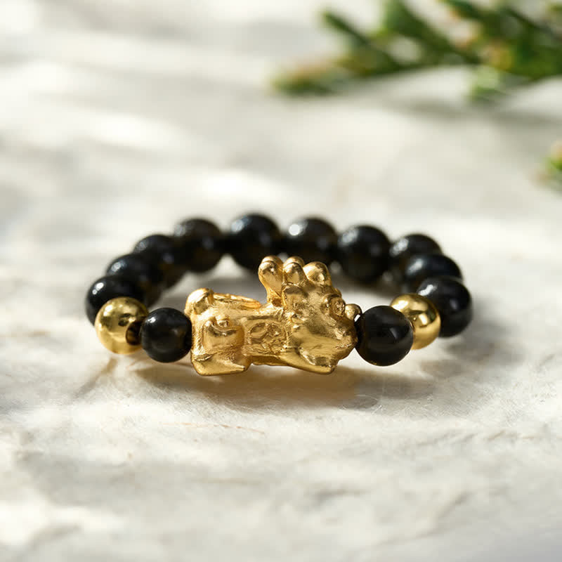 Buddha Stones 黒曜石銅貔貅ミニストレッチビーズリング（ヒーリングとエネルギー用） - image 1