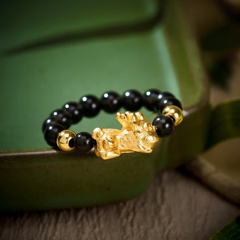 Buddha Stones 黒曜石銅貔貅ミニストレッチビーズリング（ヒーリングとエネルギー用） - Lサイズ：USサイズ8～10に適合 - image 0