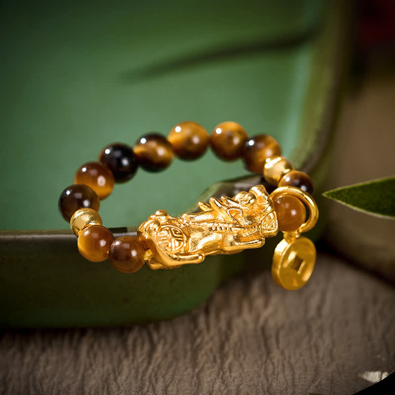 Buddha Stones タイガーアイ貔貅（ひきゅう）富の中国コインミニストレッチビーズリング - 米国サイズ6～8（52～55mm）に適合 - image 0