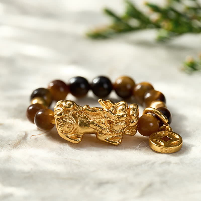 Buddha Stones タイガーアイ貔貅（ひきゅう）富の中国コインミニストレッチビーズリング - image 1