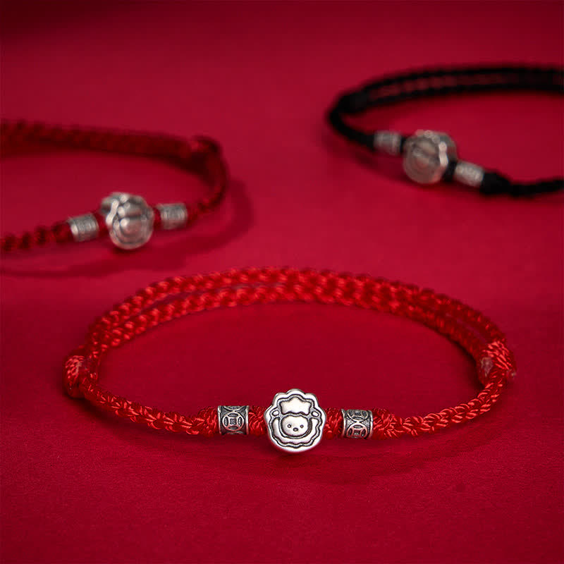 Buddha Stones 未年 999スターリングシルバー かわいい羊の赤紐幸運の守護ブレスレット - image 0