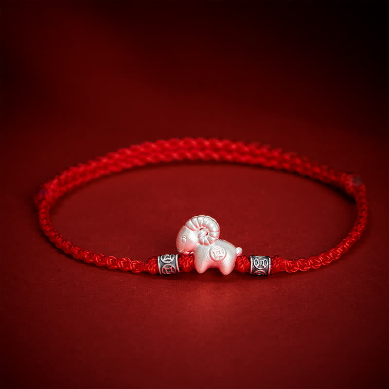 Buddha Stones 未年 999スターリングシルバー 羊モチーフ ストリング強さブレスレット - 赤 - image 0