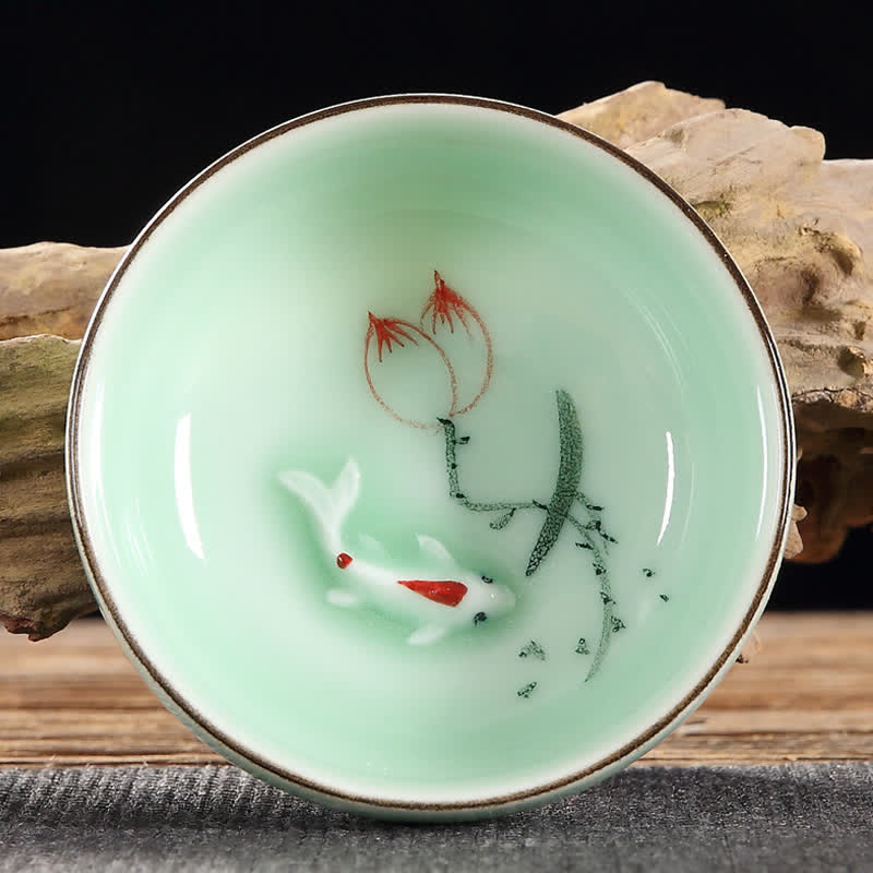 Buddha Stones 手描き鯉と蓮の花模様の陶器製豊かさ茶碗 - 2つの蓮 - image 1