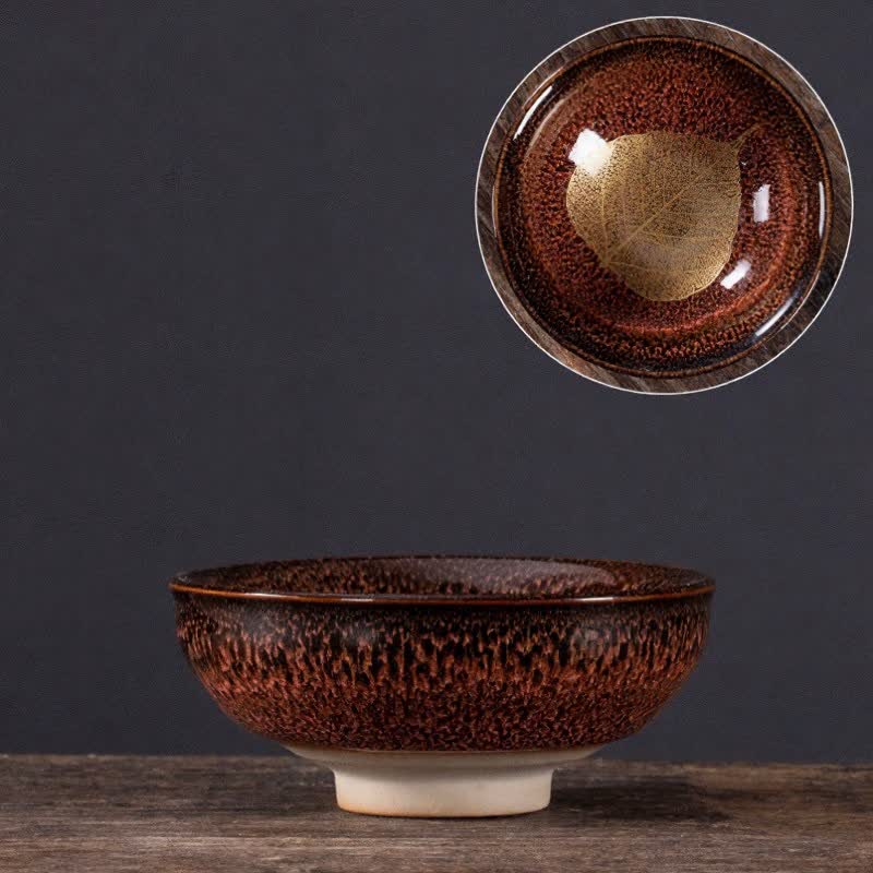Buddha Stones 濃い斑点模様のメープルリーフ柄セラミックティーカップ - 茶色の葉 - image 1