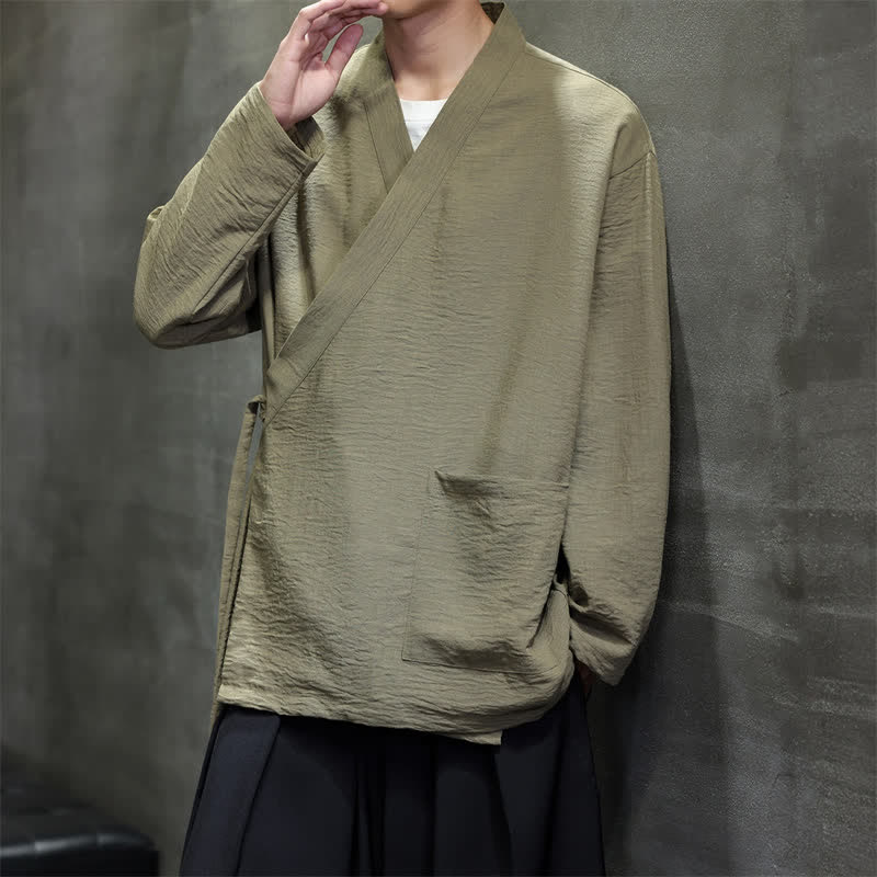 Buddha Stones Spring Tangスタイル ミニマリスト ドローストリング 無地 メンズ 着物 ポケット付き - ダークカーキ - US/UK/AU48、 EU58 (4XL) - image 0