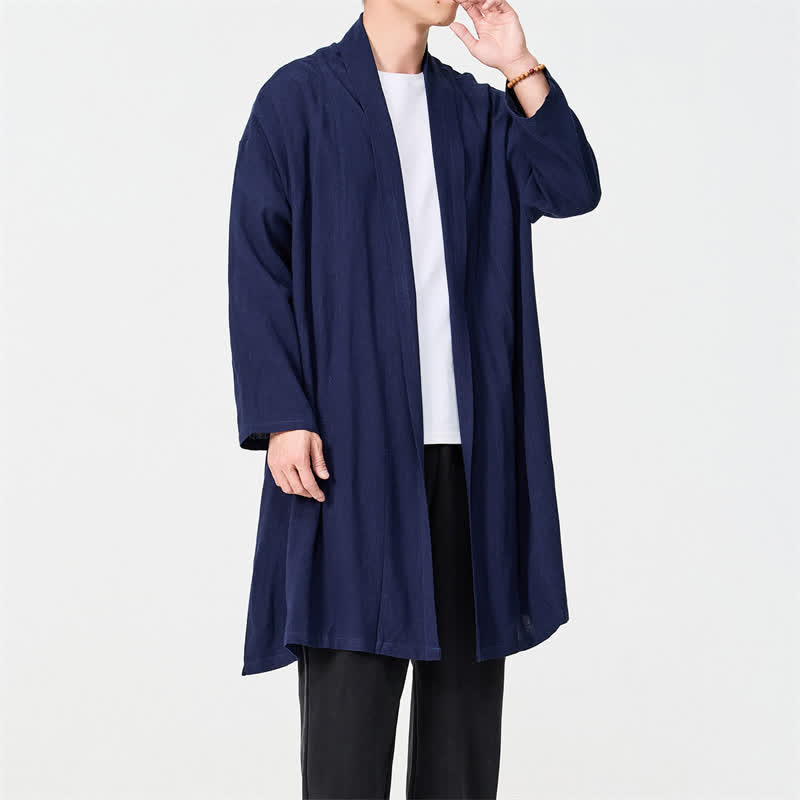 Buddha Stones 秋のミニマリストレトロ唐スタイル無地メンズ着物 - ミッドナイトブルー - US/UK/AU48、 EU58(5XL) - image 0