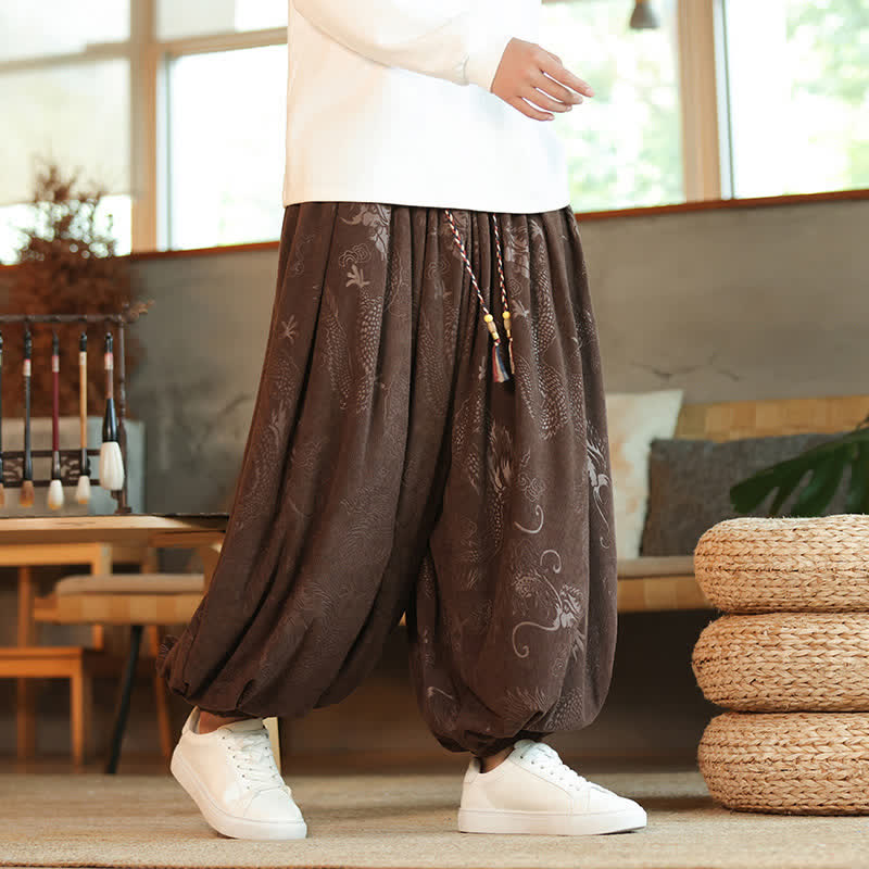 Buddha Stones 春秋レトロカジュアルドローストリングドラゴン柄アンクルパンツコーデュロイメンズハーレムパンツポケット付き - サドルブラウン - US/UK/AU46、 EU56 (5XL) - image 0