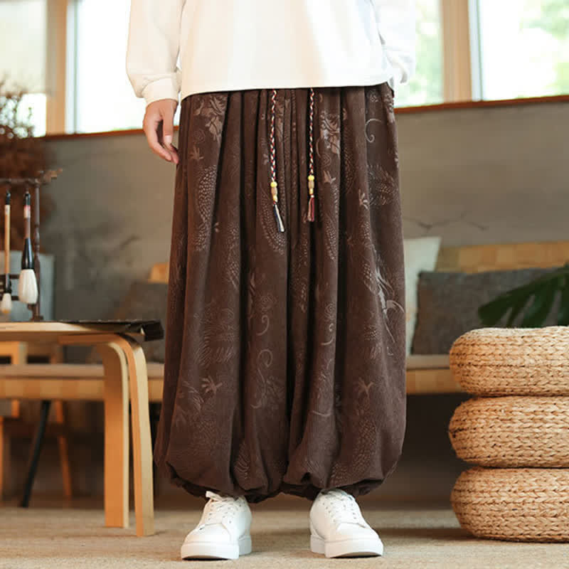 Buddha Stones 春秋レトロカジュアルドローストリングドラゴン柄アンクルパンツコーデュロイメンズハーレムパンツポケット付き - image 1