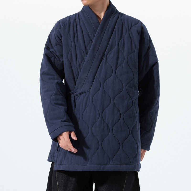 Buddha Stones 秋冬ミニマリストタン スタイル ラップフロント ドローストリング 厚手パッド入りデザイン 無地 メンズ 着物風 ポケット付き - ミッドナイトブルー - US/UK/AU46、 EU56 (5XL) - image 0