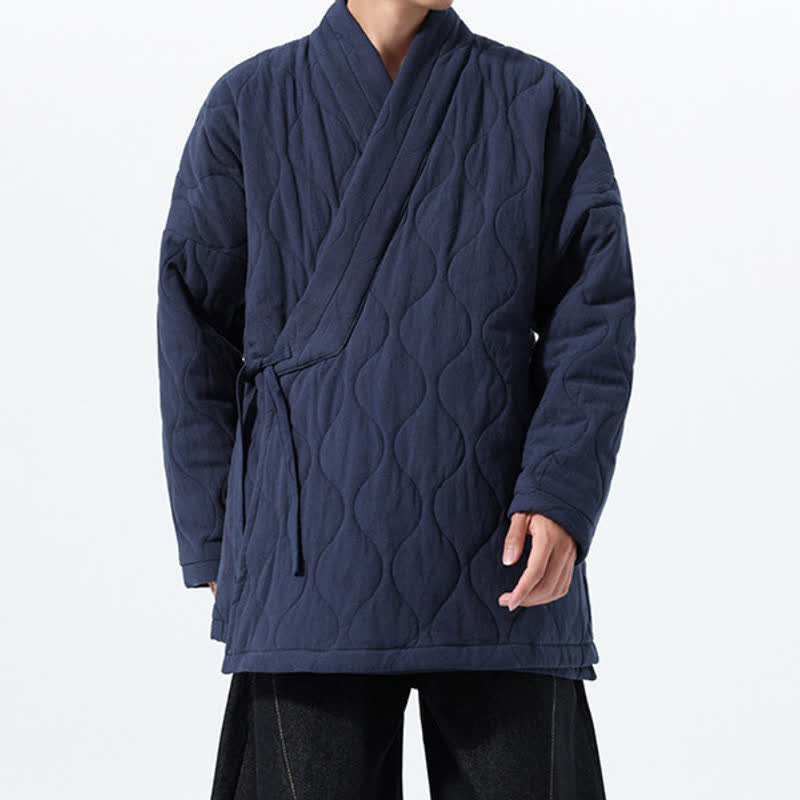 Buddha Stones 秋冬ミニマリストタン スタイル ラップフロント ドローストリング 厚手パッド入りデザイン 無地 メンズ 着物風 ポケット付き - image 1