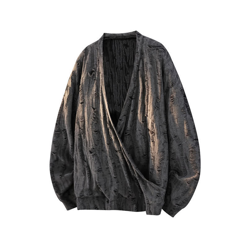Buddha Stones 秋物カジュアルヴィンテージ透かし彫りデザインVネックメンズ長袖Tシャツ - 薄暗い灰色 - US/UK/AU50、EU60（5XL） - image 0