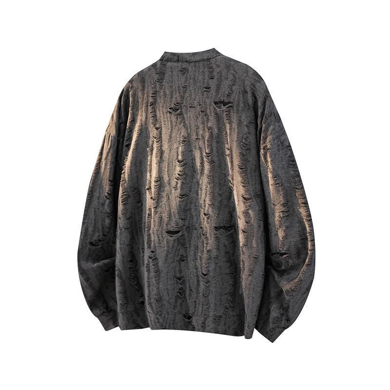 Buddha Stones 秋物カジュアルヴィンテージ透かし彫りデザインVネックメンズ長袖Tシャツ - image 1