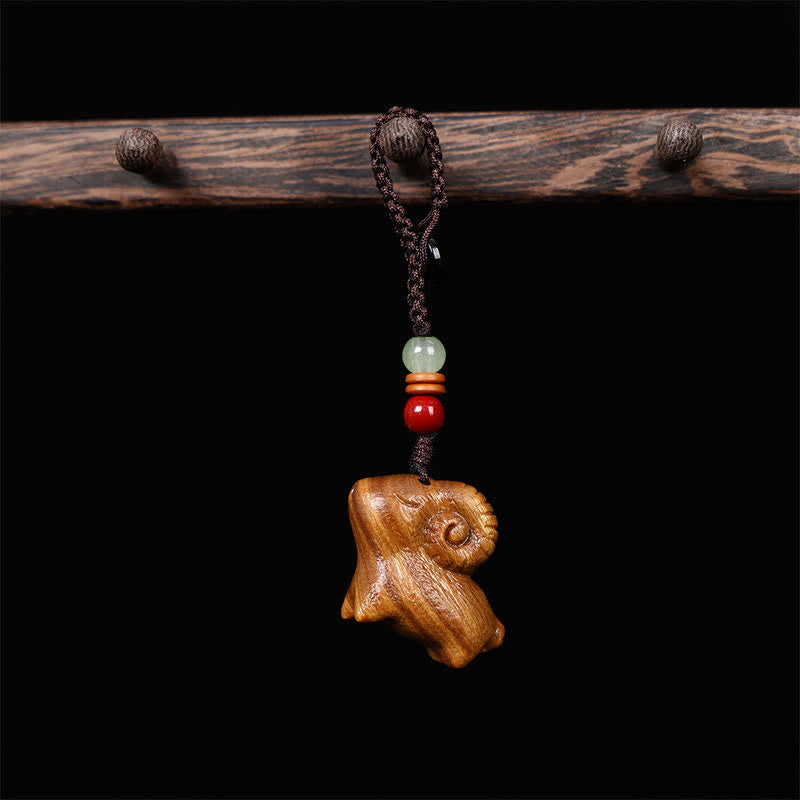 Buddha Stones 紅檀・緑檀　山羊の幸運をモチーフにした手彫りの幸運繁栄 - 編み込みロープ - グリーンサンダルウッド - image 1