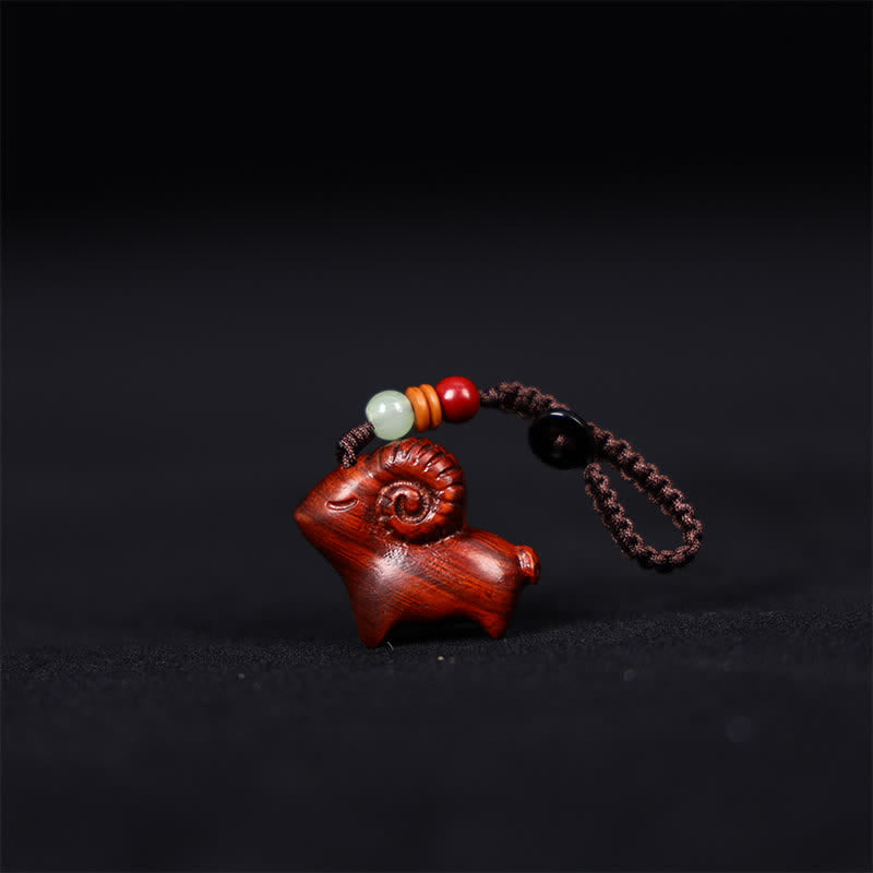 Buddha Stones 紅檀・緑檀　山羊の幸運をモチーフにした手彫りの幸運繁栄 - 編み込みロープ - 紅檀 - image 0