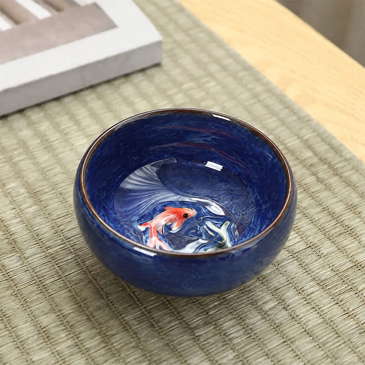 Buddha Stones 陶器鯉の成就貫入釉 工夫茶碗 - 濃い青色 - image 4