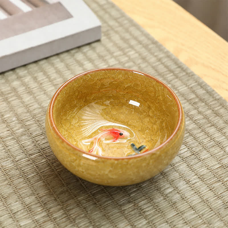 Buddha Stones 陶器鯉の成就貫入釉 工夫茶碗 - 黄色 - image 6