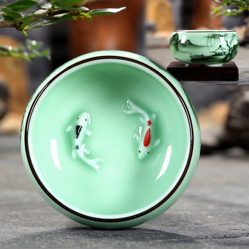 Buddha Stones 伝統的な鯉と蓮の風景を描いた陶器の個人用茶碗 - image 0