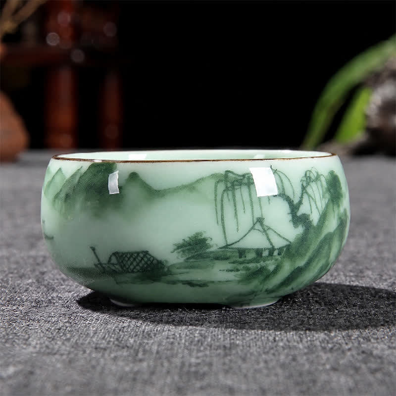 Buddha Stones 伝統的な鯉と蓮の風景を描いた陶器の個人用茶碗 - 風景 - image 1