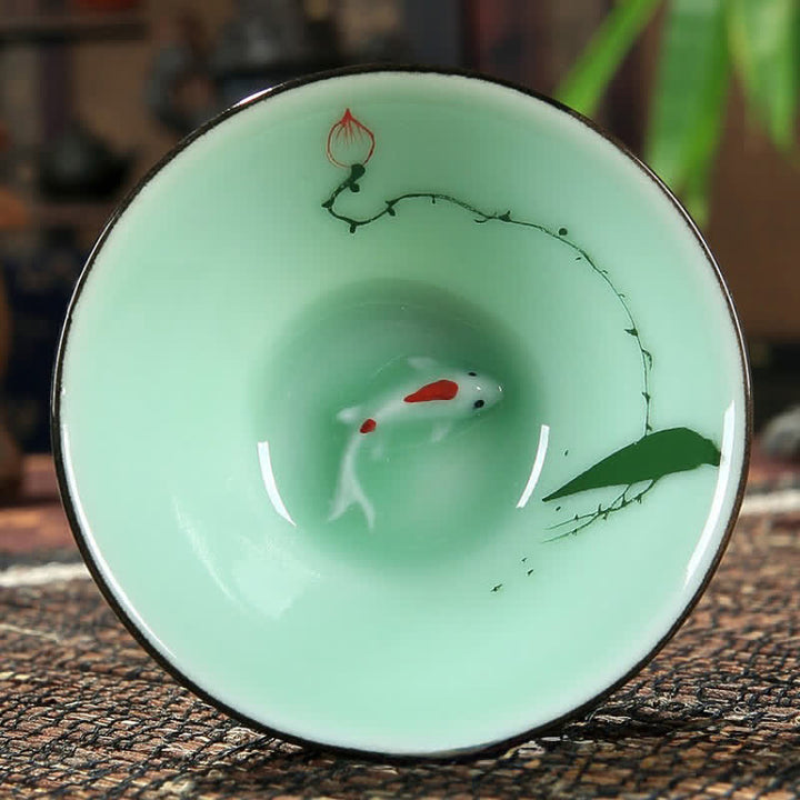 Buddha Stones 手描き青磁陶器蓮鯉斗利茶碗 - 一輪の蓮 - image 7