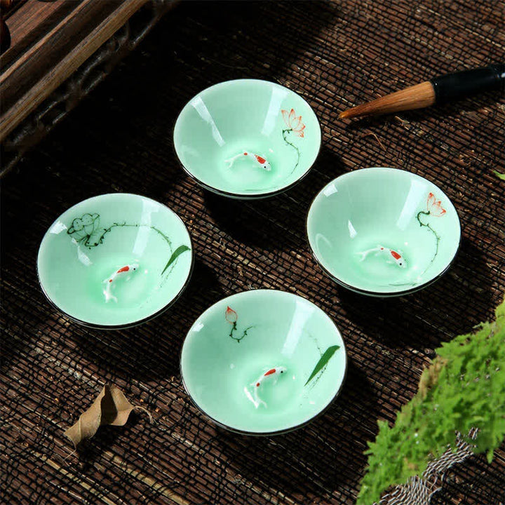 Buddha Stones 手描き青磁陶器蓮鯉斗利茶碗 - image 11