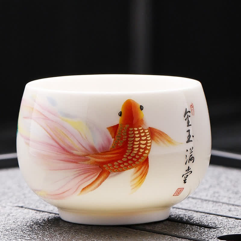 Buddha Stones 白磁の鯉蓮龍手描き茶碗 - 鯉 - image 0