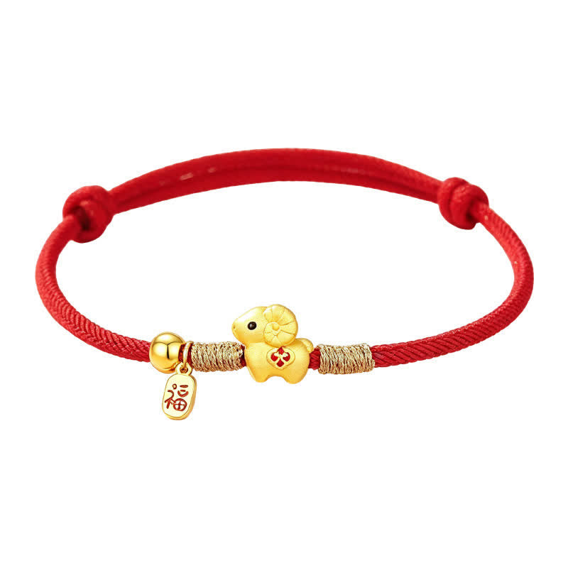 Buddha Stones 未年 925スターリングシルバー 羊 ラム 編み込み赤紐福の文字チャームブレスレット - image 1