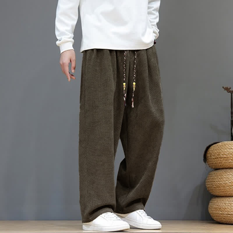 Buddha Stones 秋冬向け無地クラシックドローストリングソリッドアンクルパンツコーデュロイメンズストレートレッグパンツ（ポケット付き） - image 1