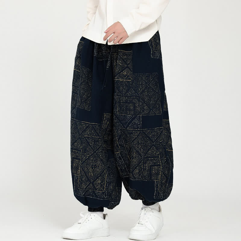 Buddha Stones 春秋ヴィンテージカジュアルドローストリング幾何学模様クロップドパンツメンズハーレムパンツポケット付き - ミッドナイトブルー - US/UK/AU46, EU56 （5XL） - image 0