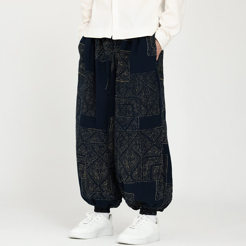 Buddha Stones 春秋ヴィンテージカジュアルドローストリング幾何学模様クロップドパンツメンズハーレムパンツポケット付き - image 1