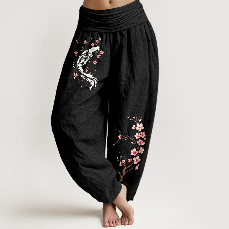 Buddha Stones 純綿鯉花枝柄レディースゴムウエストハーレムパンツ - 黒 - US16、 UK/AU20、 EU48 (3XL) - image 0
